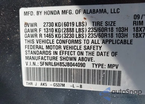 2018 Honda Odyssey Touring from USA, damaged, VIN 5FNRL6H85JB044090